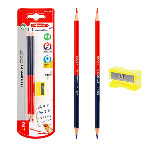 SET ESCRITURA BICOLOR HB STARPLAST - 2 lápices bicolor, mina HB roja y azul, forma hexagonal, sacapuntas regalo, escritura, madera, oficina y escolar