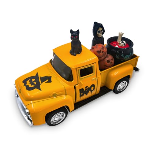 Decoração de Halloween, Caminhão Rústico de Metal com Miniaturas de Halloween, Mini Gato Preto de Resina e Decoração de Abóbora para Centro de Mesa, Festa de Terror, Prateleira de Lareira, Cozinha