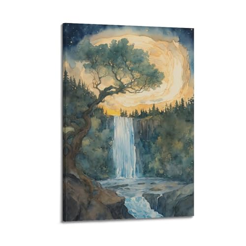 Poster cascade et nuit étoilée sur toile de haute qualité