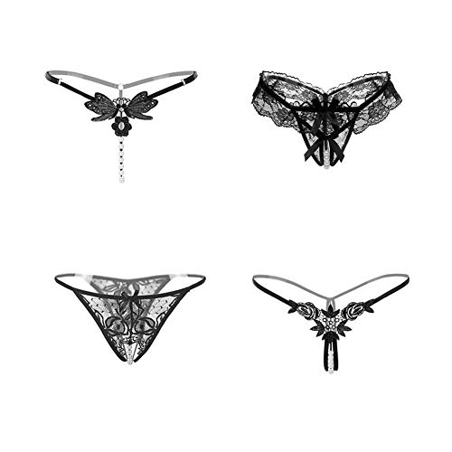 Nightease String Noir en Dentelle pour Femmes Lot de 4 Tangas Lingerie Culottes (Large, 4 Noirs) Cover