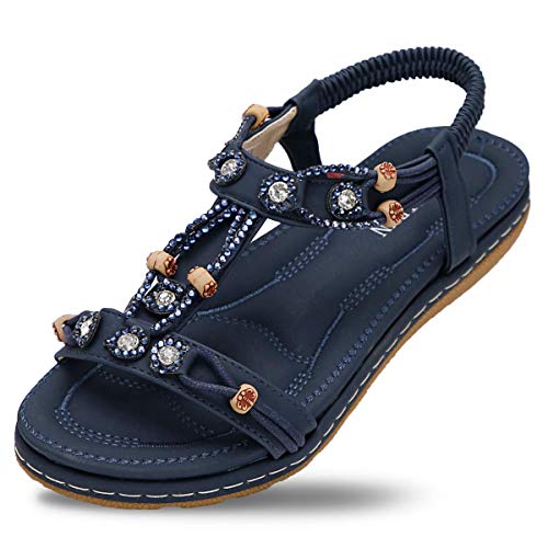 SANMIO Sandalias Planas de Verano para Mujer con Correa en Chanclas en Forma de T en Chanclas de Color Sólido Bohemia Estilo 4 Azul 38 EU