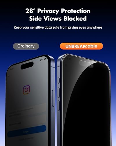 Image of UNBREAKcable Privacy Screen Protector for iPhone 17 Pro, Shatterproof Tempered Glass [True 28Anti Spy] [9H Hardness] [Easy Installation Frame] Private Protector for iPhone 6.3inch-2 Pack