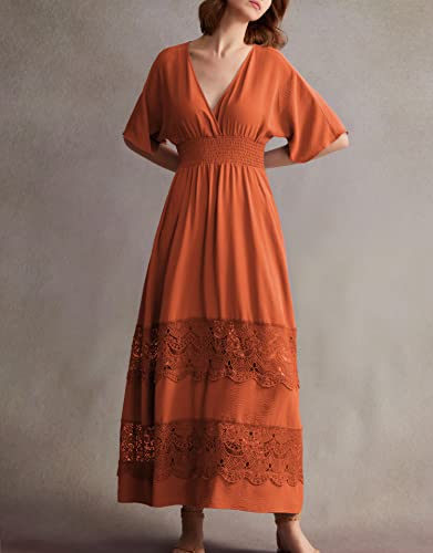 Image of Olaesa Boho Maxi Dress V Neck Short Sleeve Lace Smocked Waist Flowy Dress | Wedding Guest Dress with Pockets, Summer Bohemian Vacation Dress, Elegant Party Dress for Family photo& Baby Shower