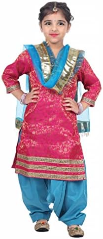 ITSMYCOSTUME Punjabi Patiala Suit for Girls | Punjabi Giddha/Baisakhi/Bhangra Dance Costume for Girls | Magenta Brocade with Firoji Salwar & Dupatta | 3-4 Years