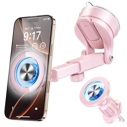 Coneclat for MagSafe Magnetic Car Phone Holder [2026 Upgraded Strongest Magnet] Car Mount Suction Cell Stand for Dashboard Windshield Vent Compatible with iPhone 16/15/14/13/12/11 Android etc-Pink