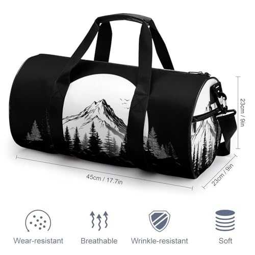 Simple Mountain And Pine Trees Travel Gym Bag for Women Men Cylindrical Duffle Bag Sport Workout Bag with Shoulder Strap2