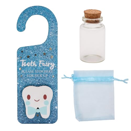 Image of Tooth Fairy Door Hanger Set with Keepsake Bottle and Pouch, Pink Glitter Design, 3 Pieces (Glitter Blue)