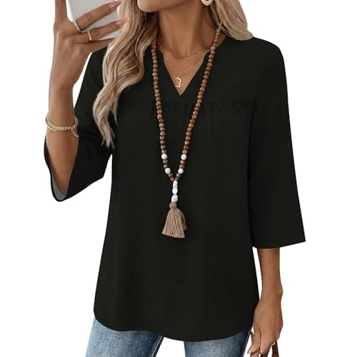 Rapbin Womens 3/4 Sleeve V Neck Boho Pleated Blouses for Women Dressy Casual Loose Fit Tops
