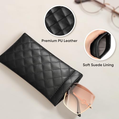 Image of FINTIE Soft Eyeglasses Case with Cleaning Cloth, Portable Squeeze Top Vegan Leather Glasses Pouch, Sunglasses Eyewear Bag
