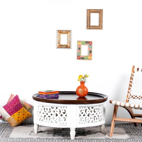 Image of Wooden Carved Coffee Table for Living Room | Center Table for Living Room Furniture | Solid Wood Round Tea Table for Home | Durable & Stylish Coffee Table for Home, Bedroom & Office (White)