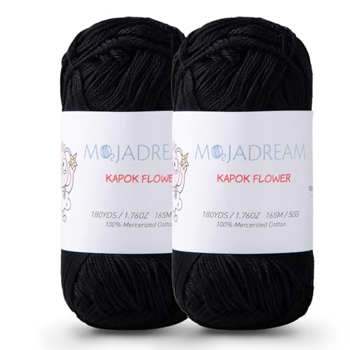Image of 2 Pack of 180YDS /1.76OZ 100% Cotton Yarn, Soft Mercerized Cotton for Amigurumi with Easy-to-See Stitches, Fine-Sport #2, Amigurumi Cotton Yarn for Crocheting Strong and Silky, Black