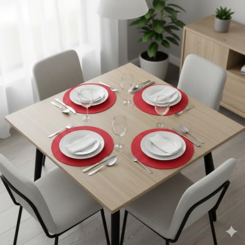 Image of Cotton Rope Placemats, Round Red with White Border, Set of 4, Heat Resistant Table Mats (red)