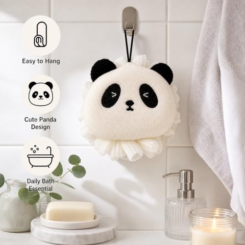 Image of Luxe Home International Bath Sponge For Kids And Adult Microfibre Soft Shower Loofah Bliss Panda Pattern Gentle Skin Exfoliating Body Scrubber For Toddler Cream 11x13cm Pack Of 1