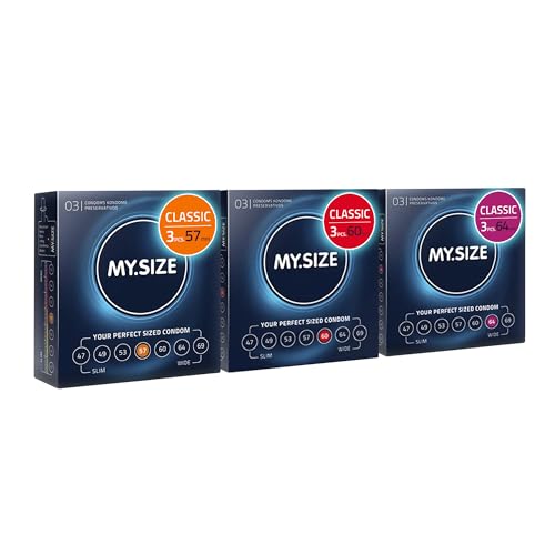 MY.SIZE Classic Premium Condoms Trial Pack of 3 I 57, 60, 64mm Width I 3x3 Pieces Extra Thin I Ultra-Soft I Thin 0.07mm Wall Thickness I Vegan