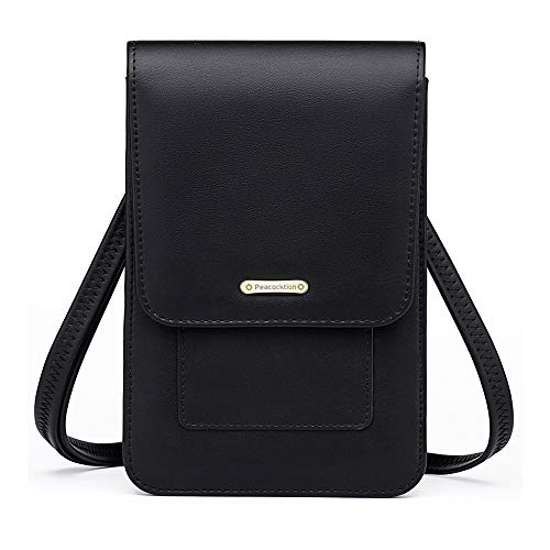 Peacocktion Small Crossbody Cell Phone Bag for Women, PU Leather Mini Shoulder Purse Wallet with Credit Card Slots (Black)