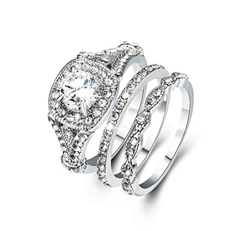 Bamos 925 Sterling Silver Rhodium Plated Rings with Round AAA CZ 3 Pieces Vintage Bridal Ring Sets for Women Size 6-10 (7)