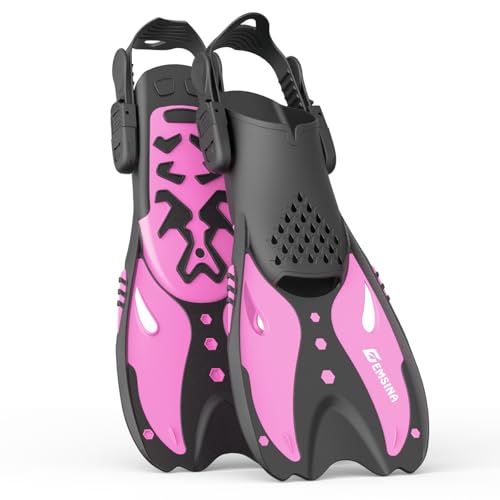 EMSINA Snorkel Fins Adjustable Buckles Open Heel Swim Flippers Travel Size Short Swim Fins for Snorkeling Diving Swimming Adult Men Womens (Pink, S/M 36-41)