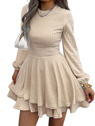 Womens Long Sleeve Knit Dress Casual Lantern Sleeve Crewneck Ruffle Short Flare A-Line Mini Sweater Dress