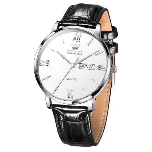 OLEVS Watches for Men Leather Watch Mens Waterproof Watches Casual Dress Luxury Analog Quartz Watch Black Leather Band, Roman Numerals & Big Face for Large Wrist Minimalist Relojes para Hombres
