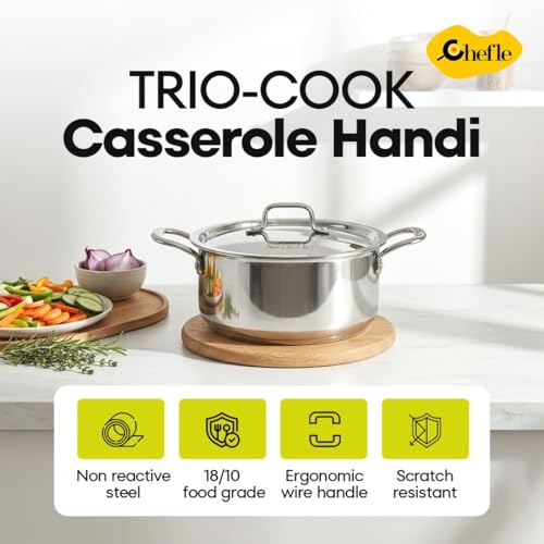 Image of Trio-Cook Triply Stainless Steel Saucepot | Casserole | Biryani Handi with Lid (28cm | 8Liter)