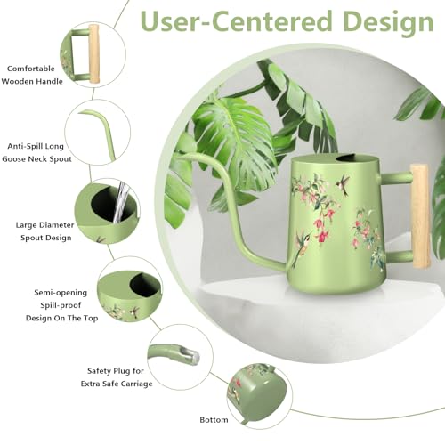 Image of Watering Can Indoor Plants, 35oz Small Stainless Steel Metal Watering Can Modern Decorative Watering Pot with Long Spout for Indoor House Plant Bonsai Garden Flowers (Saga Green 2)