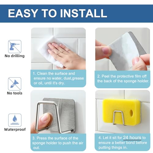 Image of 2Pcs Sponge Holder for Kitchen Sink, Strong Adhesive, Silver Stainless Steel, Rustproof, Waterproof, Holds Up to 8 lbs, Kitchen, Bathroom
