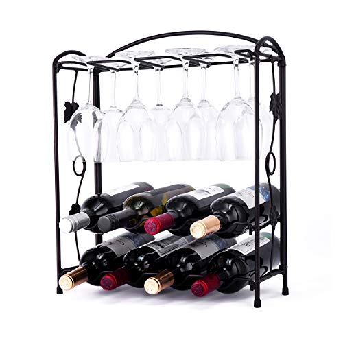 HOWDIA Tabletop Wine Glass Rack with Glass Holder,Foldbale Metal Wine Holder for 4 or 8 Bottles and 8 Wine Glasses,Perfect for Home Decor & Kitchen Storage, Bar, Wine Cellar, Cabinet (Bronze)