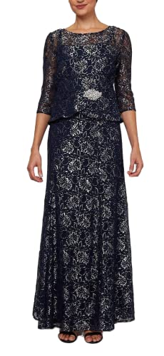 Le Bos Damen Metallic Lace Peplum Gown with Brooch Kleid für besondere Anlässe, Marineblau/silberfarben, 22W