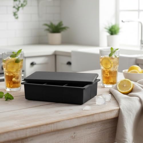 Image of Ice Cube Molds with Lid,Big Silicone Ice Cube Tray for Whiskey,2Inch Square Ice Cube Tray,Easy-Release Ice Mold,Giant Ice Cubes for Bourbon Cocktail (2, Full Black)