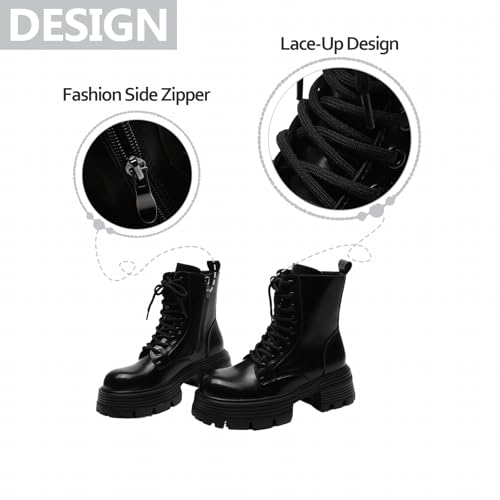 Womens Leather Chunky Platform Lace-Up Ankle Boots Fashion Comfortable Wide Round Toe Block Heel Lug Sole Goth Combat Booties With Side Zipper For Business Work Dress4