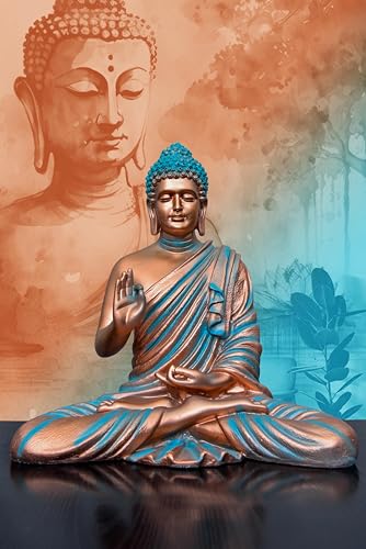 Image of Beautiful Sitting Buddha Idol Statue for Home & Garden Living Room | Healing Spirit Blessing Buddha Statue - 15 Inch Size (Copper + Blue)