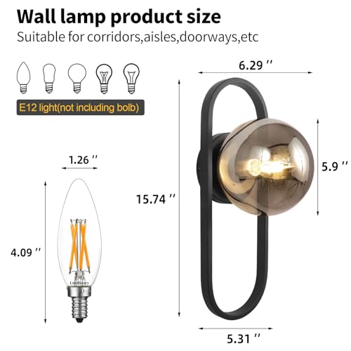 Image of Bektas Wall Sconces Set of Two,Matte Black Wall Light Sconces with Grey Globe Glass Shade for Living Room and Bedrooms ETL Listed