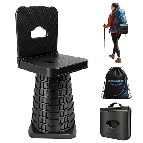 graxie Upgraded Collapsible Stool with Backrest, Portable Telescopic Seat with Carry Bag, Square Folding Stool for Camping Gardening Fishing Hiking BBQ, Max Load Capacity 550lbs