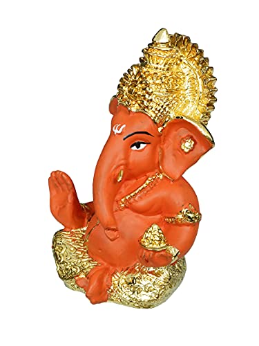 Image of eCraftIndia Golden and Orange Polyresin Lord Ganesha Idol for Home, Temple, Office, Car Dashboard - Gift for Family, Friends, Colleagues - Suitable for Housewarming Ganesh Chaturthi, Diwali Festivals