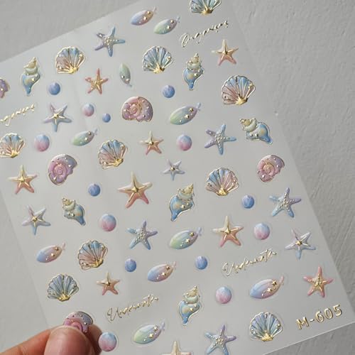Image of Ocean Nail Stickers Conch Shell Starfish Nail Art Decals with Gold Design 5D Embossed Self Adhesive Nail Stickers Manicure Accessories Supply for Women Girls Kid Nails Charms