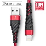 iPhone Charger 10 ft, [Apple MFi Certified] Lightning Cable 10 Foot,Long Durable Braided 10 feet Nylon Metal Connector Charger Cord Compatible with iPhone X/XS Max/XR/8 Plus/7/6/5/SE, iPad, Red