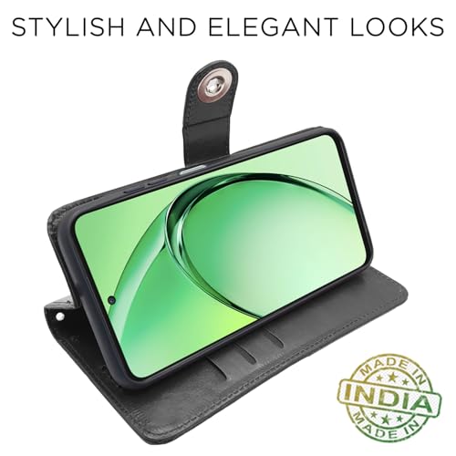 Image of Pikkme Flip Cover Leather Finish | Inside TPU with Card Pockets | Wallet Stand and Shock Proof | Complete Protection Button Flip Case for Oppo K12x 5G (Black)