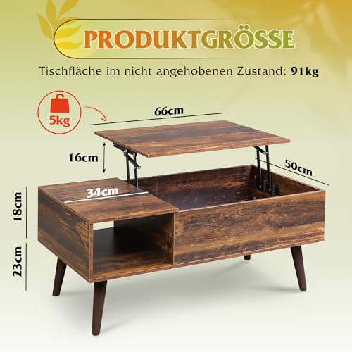 WLIVE Höhenverstellbarer Couchtisch mit Stauraum, Wohnzimmertisch mit Ausziehbar Platte & offene Fächer, Rechteckiger Kaffeetisch für Wohnzimmer, Rustikales Braun – Bild 4