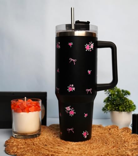 Image of 1200ML Stainless Steel Tumbler Hot and Cold with Handle and Lid and 2 Straws, Double Insulated Cup Leak Proof Mug Cupholder for Gym, Travelling (Black Blossom)