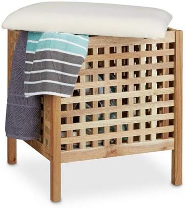Relaxdays Walnut Storage Seat with Hamper, 52 x 49 x 49 cm, Bathroom Ottoman with Cushion and 52 L Hamper, Footstool Ottoman Seat Chair with Storage Room, of Sturdy Walnut Wood, Light Brown & White