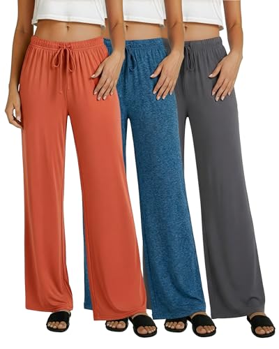 Image of Real Essentials 3 Pack: Women's Soft Palazzo Pants - Wide Leg Yoga Casual Loungewear Pajama Pj Bottoms (Plus Available)