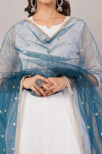 Image of Net Butti Dupatta for Women | Golden Lace Border Chunni | Butti Work Odhani | Wedding & Bridal Styling | Lightweight Drape | Kurti & Salwar Suit