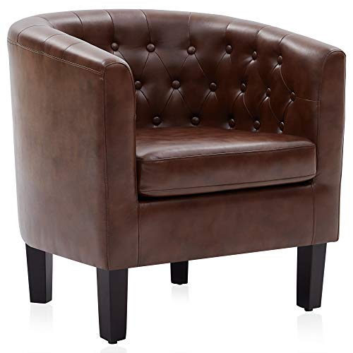 Image of BELLEZE Accent Barrel Arm Chair, Modern Comfy Upholstered Tufted Club Chair with Sturdy Legs and Linen Fabric for Bedroom Living Room - Caramel