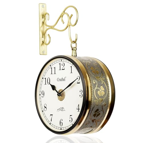 Image of CRAFTEL Metal Analog Double Sided Vintage Station Wall Clock with Brass in dial (Shiny Gold_8 Inches)