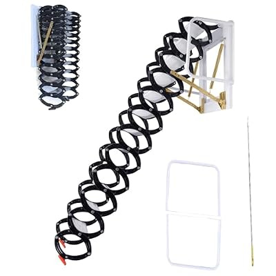 12-Step Wall Mounted Ladder Attic Ladder Pull Down System, Retractable Ladder Loft Ladder with Armrests Handle, Loft Stairs Folding Stairs for Attics Garages Basements, Capacity 880 lbs (Black)