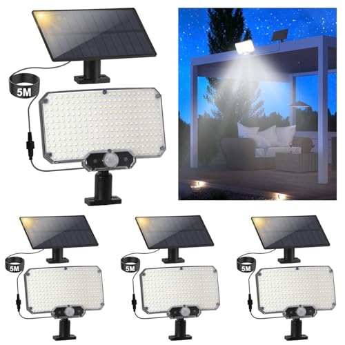ISOISL Lámparas solares para exteriores con detector de movimiento, 270°IP65, foco solar con mando a distancia, panel solar separado con cable de 5 m, 3 modos, lámpara solar para exteriores, casa