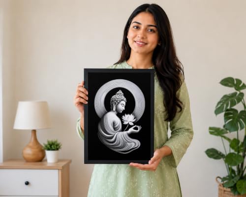 Image of Buddha Wall Art Photo Frame | Black & White Meditating Buddha Lotus Artwork with Black Frame | Spiritual Zen Home Decor for Living Room, Bedroom & Office