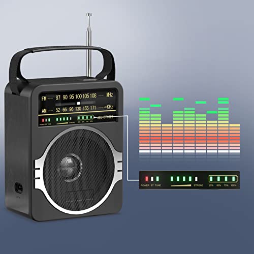 Jeujug JEU-1622-B Portable Am Fm Radio, Bluetooth 5.0 Radio 5 Watts Loud Speaker,Fm Radio Built-In Rechargeable Battery/Dc D*4 Cell Battery Operated & Ac Power Plug In Wall Radio Black thumb #4