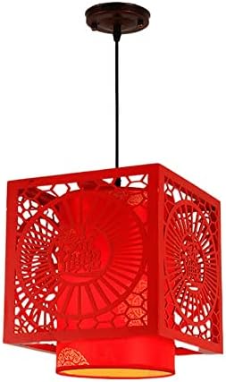 PAKIO Chinese Style Vintage Lantern Adjustable Height Pendent Lights, Creative Square Wooden Semi-Flush Mount Hanging Lamp, Dining Living Room Chandelier Lighting