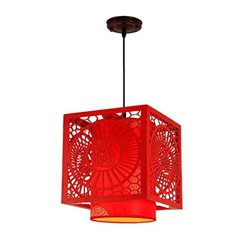 Pakio Chinese Style Vintage Lantern Adjustable Height Pendent Lights, Creative Square Wooden Semi-Flush Mount Hanging Lamp, Dining Living Room Chandelier Lighting #TOP24